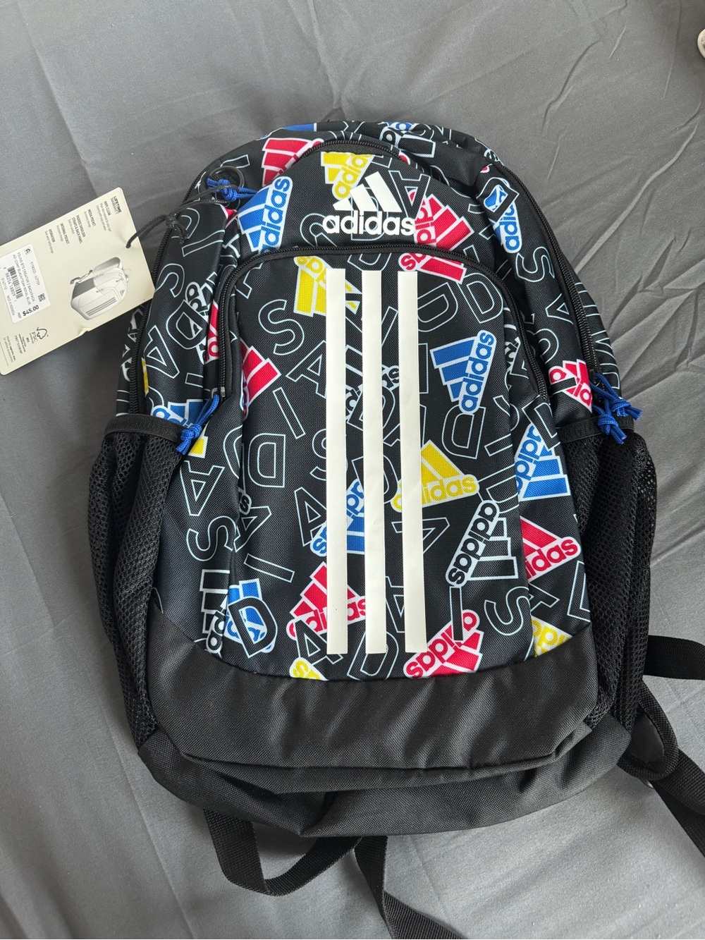 adidas Black Backpack with Multicolor Logo Print and White Stripes